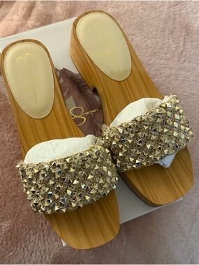 Jessica Simpson Metallic Gold Crystal Embellished Slide Mules